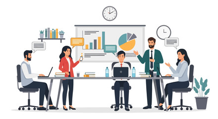 Flat illustration of business team meeting with professionals discussing charts, graphs, and ideas, symbolizing corporate strategy, teamwork, leadership, management, and workplace success