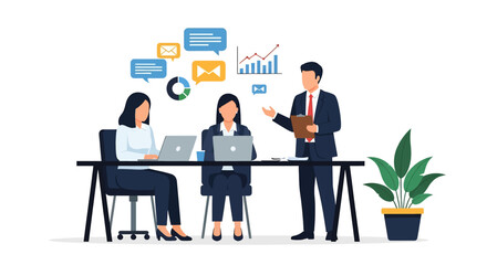Flat illustration of business meeting teamwork with professionals analyzing charts, communication, and strategy, symbolizing leadership, management, corporate planning, and success