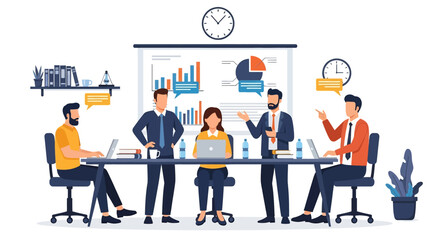 Flat illustration of business team meeting with professionals discussing charts, graphs, and ideas, symbolizing corporate strategy, teamwork, leadership, management, and workplace success