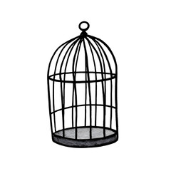 Birdcage, 2D watercolor pattern isolated on transparent background.