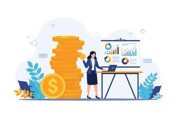 Flat illustration of businesswoman presenting financial data with charts, graphs, and coins, symbolizing investment, profit growth, money management, and successful business strategy
