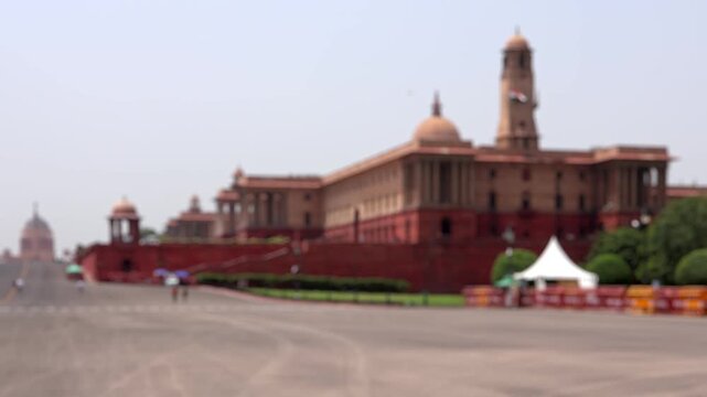 Bokeh view of Rashtrapati Bhavan in New Delhi, India. Blurred background footage.