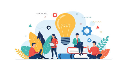 Flat illustration of teamwork and innovation with people working on laptops, books, and big light bulb symbolizing ideas, creativity, knowledge sharing, and modern business collaboration