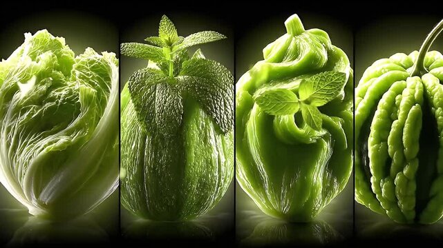 Arrangement of Fresh Lettuce and Mint on a Dark Reflective Surface