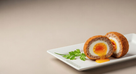 Halved Scotch Egg with Golden Runny Yolk and Parsley Garnish