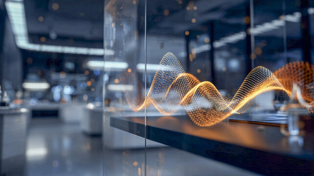 Tech showcase with waveform charts in a lab — signal demonstration, analytics and scientific visualization.