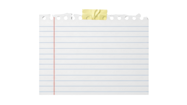 Torn lined notepad paper with yellow tape on black background