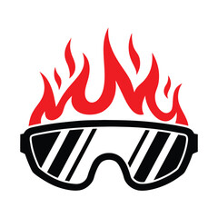 Black safety goggles with red flames on a white background fire