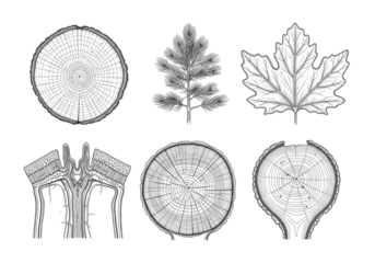 Six intricate technical pen and ink drawings of tree trunk cross-sections, detailed cellular structures, xylem, and growth rings, on a transparent background. Concept of botanical engineering