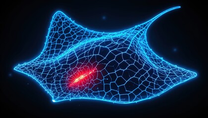 Naklejka premium A vibrant, glowing, network-structured form with a dramatic red accent takes center stage against a deep black backdrop.