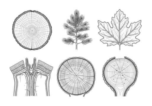 Six intricate technical pen and ink drawings of tree trunk cross-sections, detailed cellular structures, xylem, and growth rings, on a transparent background. Concept of botanical engineering