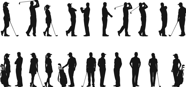 Vector silhouettes of male and female golfers, standing, swinging, walking, playing golf, holding clubs, with golf bags, sports lifestyle