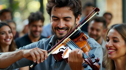 A smiling violinist performs for an appreciative audience, filled with joy.
