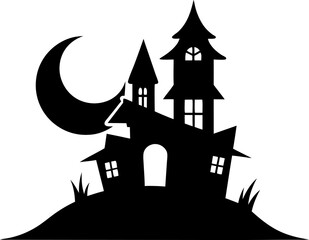 Haunted House with Moon Silhouette Vector Illustration