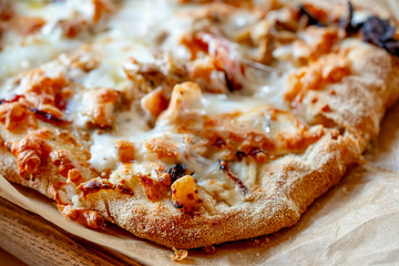 Baked pizza Margarita close-up view from above on pizza packaging.