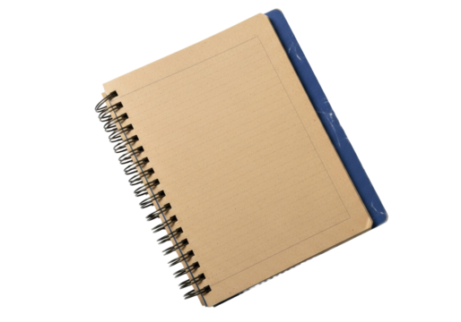 Well-used indigo spiral-bound notebook with antique brass coils and textured kraft paper, flat lay on transparent background with copy space. Concept of creative journaling.