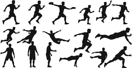 Vector silhouettes of male athletes playing ultimate frisbee, running, diving, catching, throwing, jumping, dynamic sports action, teamwork, outdoor fitness, active lifestyle