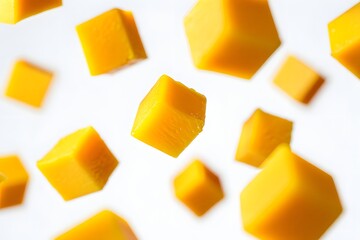 Floating mango cubes on white background 