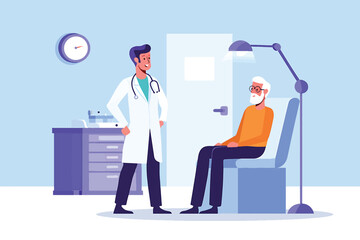Fototapeta premium Doctor consults senior patient in modern clinic. Professional male physician provides medical advice and compassionate healthcare. Vector illustration of patient care.