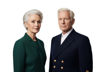 Caucasian woman in emerald jacket, man in navy uniform, serious on white background, concept of intellectual rigor and professional dedication.