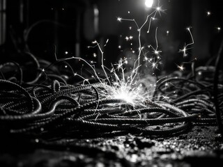Dramatic Black-and-White Close-Up of Bright Sparks Flying from a Welding Tool Amidst Coiled Metal Cables in an Industrial Workshop, Capturing the Intensity and Craftsmanship of Manufacturing