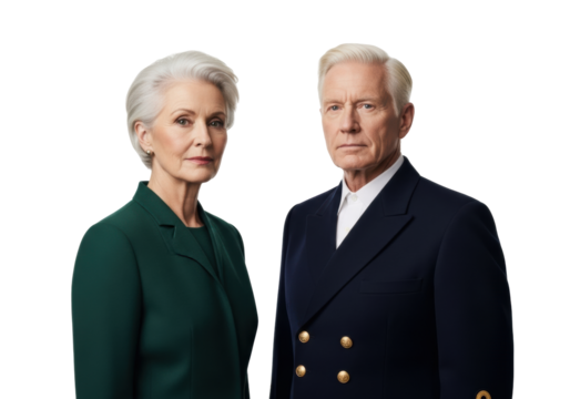 Caucasian woman in emerald jacket, man in navy uniform, serious on white background, concept of intellectual rigor and professional dedication.