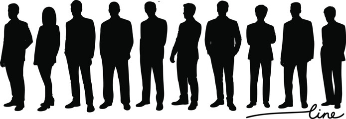Silhouette of Business People Standing in Line, Men and Women in Formal Attire, Corporate Team, Leadership, Unity, Workforce Concept