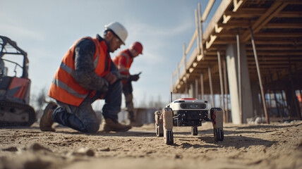 Engineers on a construction site test a ground robot for foundation survey — a field test of mobile robotics and diagnostics.