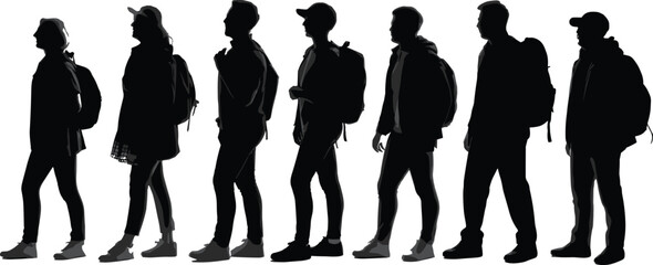 Silhouette of Diverse People Walking in Line with Backpacks, One Holding Forward Together Sign, Unity, Progress, Social Movement Concept