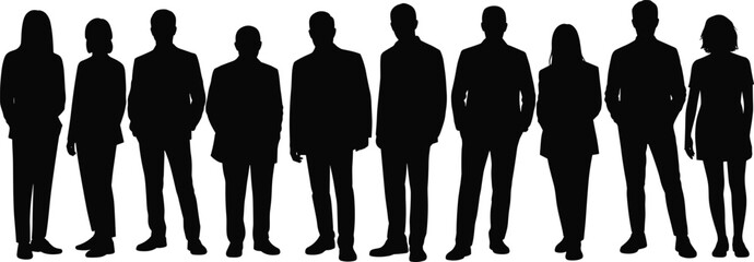 Silhouette of Business People Standing in Line, Men and Women in Formal Attire, Corporate Team, Leadership, Unity, Workforce Concept