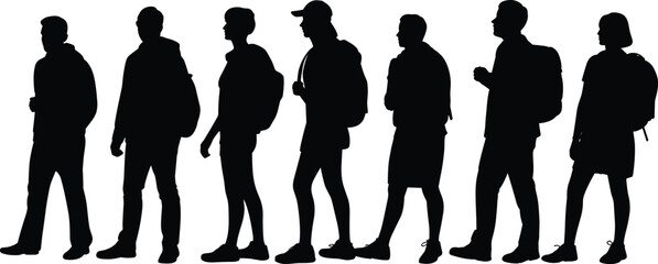 Silhouette of Diverse People Walking in Line with Backpacks, One Holding Forward Together Sign, Unity, Progress, Social Movement Concept