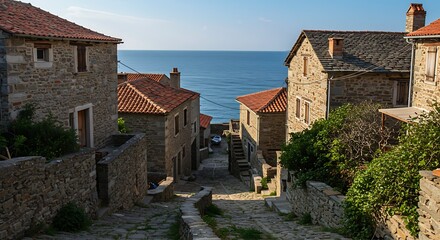 Picturesque coastal village street descends towards the sea, showcasing traditional stone houses and terracotta roofs.