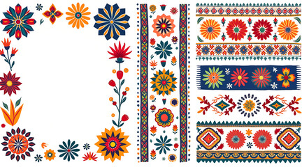 Flat illustration of diverse traditional textile motifs on neutral background with copy space