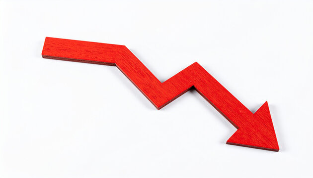 Red wooden arrow pointing downwards on white background. Business decline, crisis or loss
