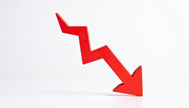 Red wooden arrow pointing downwards on white background. Business decline, crisis or loss