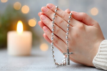 Woman praying holding rosary with blurred candle in background