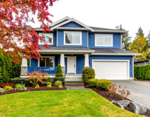  Contemporary Blue Two-Story Home with Porch and Garage