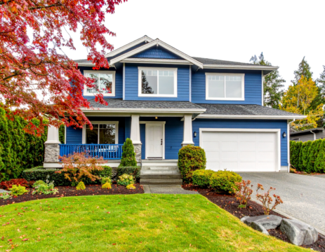  Contemporary Blue Two-Story Home with Porch and Garage