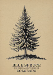 Colorado State Tree Blue spruce Wall art Poster, Illustration For Wall Hanging Home Decoration Vintage  Wall Art, Us State Poster