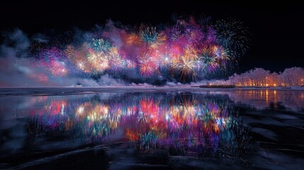 Fototapeta premium Vibrant fireworks reflected in frozen lake surface, serene winter New Year scene.