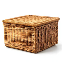 Empty wicker basket made of brown wood, isolated on transparent background.
