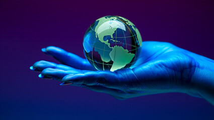 Glass globe in hand represents global business and international connections for a sustainable future on a purple background