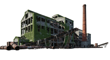 Obraz premium Crumbling industrial ruin, grey concrete factories, exposed rebar, dense ivy, rusted smokestack, pipes, reflected in oily black canal, isolated against white, concept of environmental decay