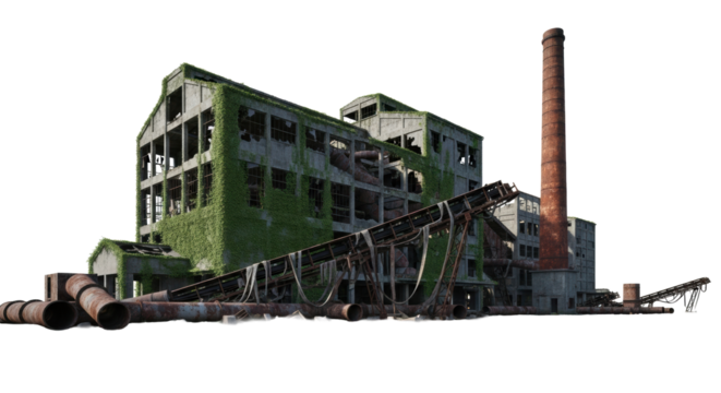 Crumbling industrial ruin, grey concrete factories, exposed rebar, dense ivy, rusted smokestack, pipes, reflected in oily black canal, isolated against white, concept of environmental decay