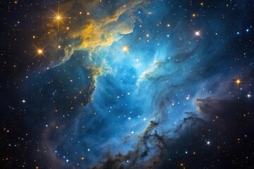 Obraz premium Vibrant blue and yellow nebula with distant stars