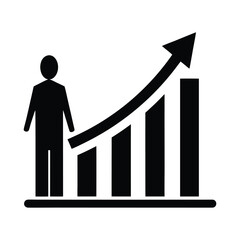 Black silhouette of a person standing next to a rising bar graph with an upward arrow business growth