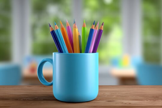 A vibrant blue mug filled with colorful pencils sits on a wooden table, with a blurred background suggesting a cheerful workspace.