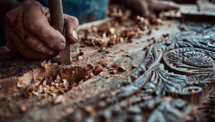 Woodcarving in progress. Close-up of hands and chisel