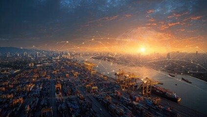 Aerial view of a bustling port city at sunset, overlaid with a network of lines