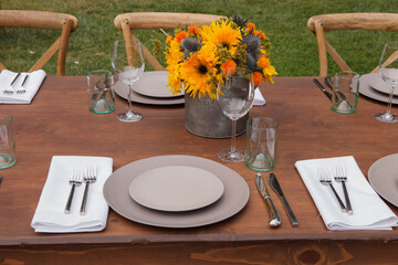 Elegant Table Setting Sunflower Centerpiece Outdoor Garden Warm Inviting